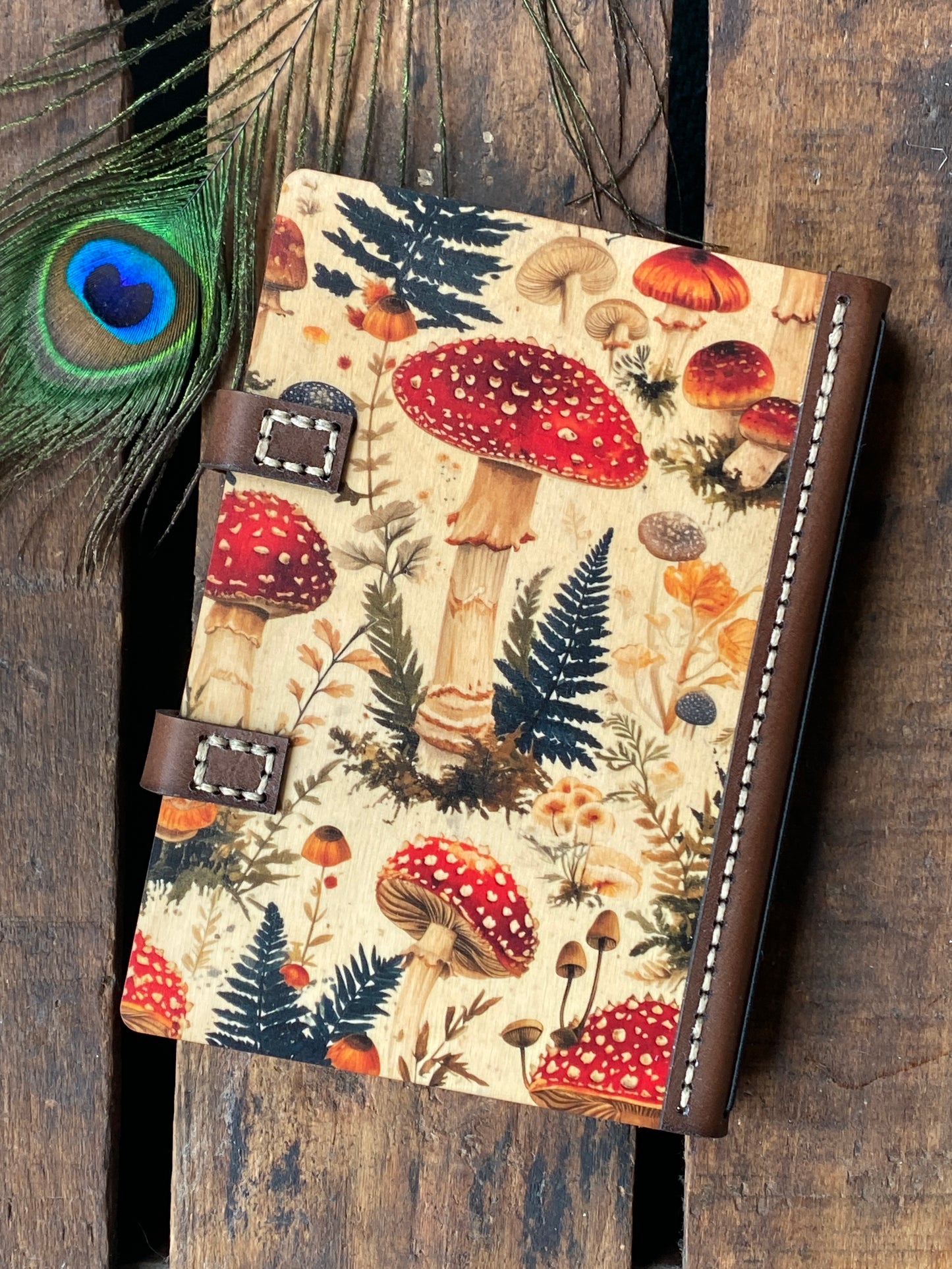 Wooden Notebook, Mushroom Journal, Leather Journal, Sketchbook, Enchanted Forest, Gift for Her, Whimsical Art, Nature Notebook, Fantasy