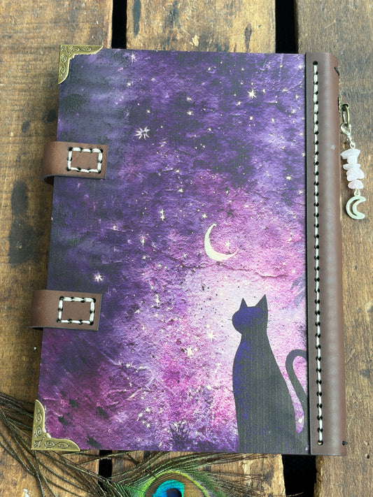 Vintage Witchy Moon Journal - Refillable Leather Notebook, Stack of Books & Crystals Design, Crescent Moon Charm, Gift for Tarot Readers