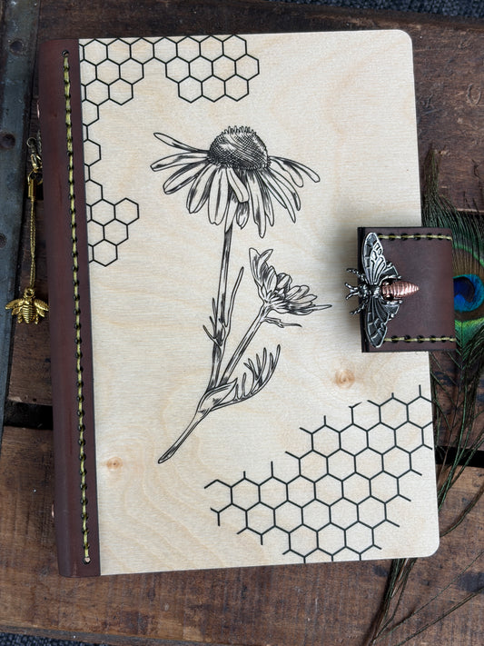 Handmade 6-Ring Bee Themed Wood & Leather Journal – Refillable Planner or Notebook – Artisan Stationery