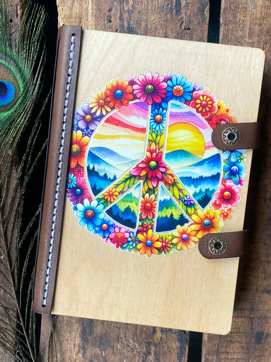 Journal and Notebook, Wooden Journal, Hippie Gifts, Peace and Love, Groovy Gift for Friend, Colorful Wood and Leather Journal, Stay Trippy