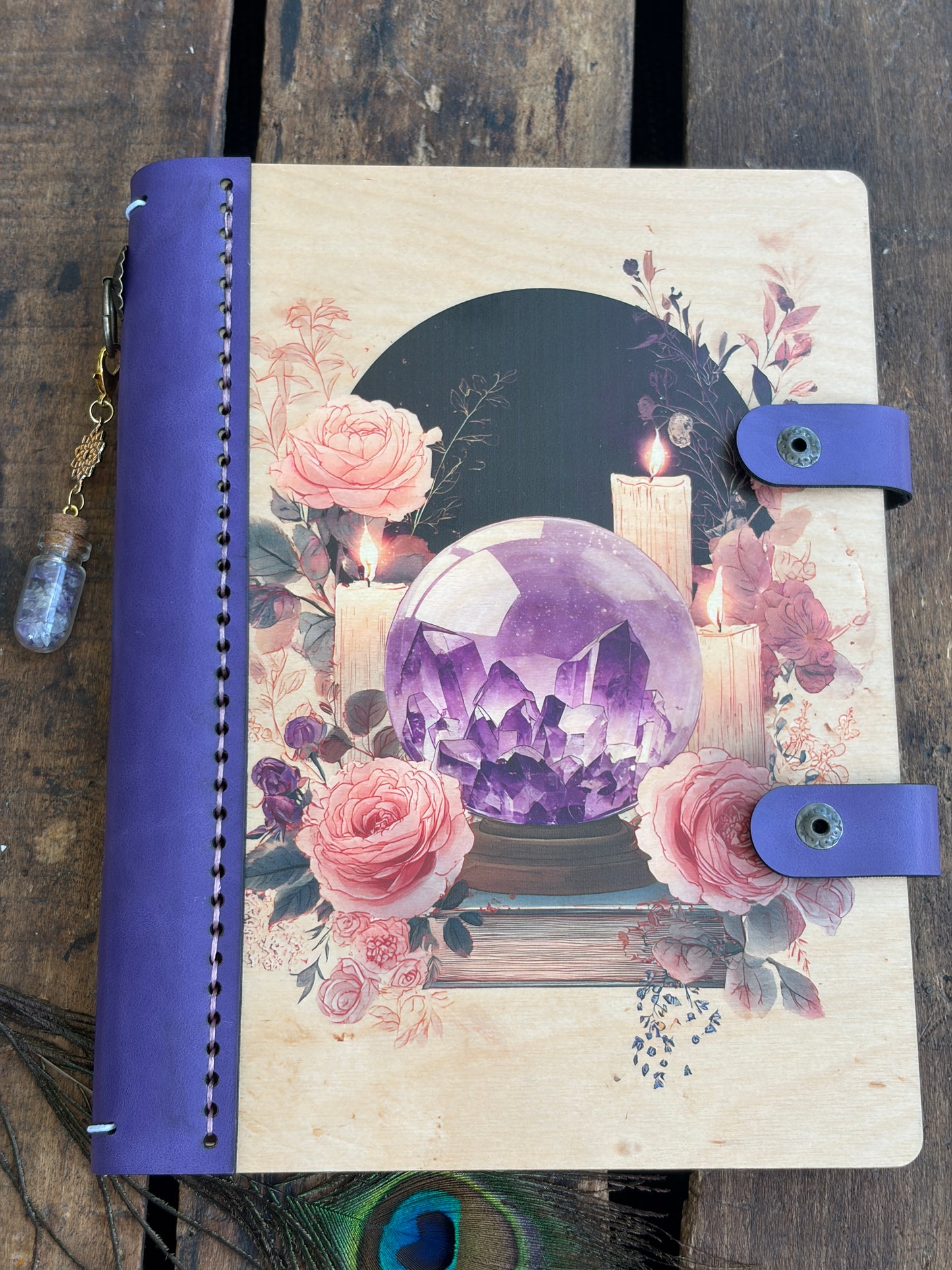 Amethyst Crystal Ball & Roses Refillable Wood and Leather Journal