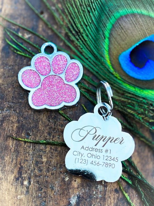 Dog Tags Engraved for Pets, Personalized Dog Tag with Name & Text, Dog Collar Custom Glitter Dog Name Tag, Paw Shaped ID Tag for Puppy Pets