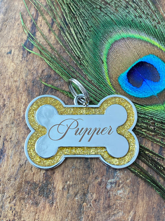 Dog Tags Engraved for Pets, Personalized Dog Tag with Name & Text, Dog Collar Custom Glitter Dog Name Tag, Bone Shaped ID Tag for Puppy Pets