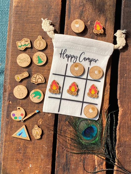 Happy Camper, Travel Tic Tac Toe, Campfire Games, Camp Themed Classroom, Drawstring Bag with Name, Travel Games, Party Favors, Old School