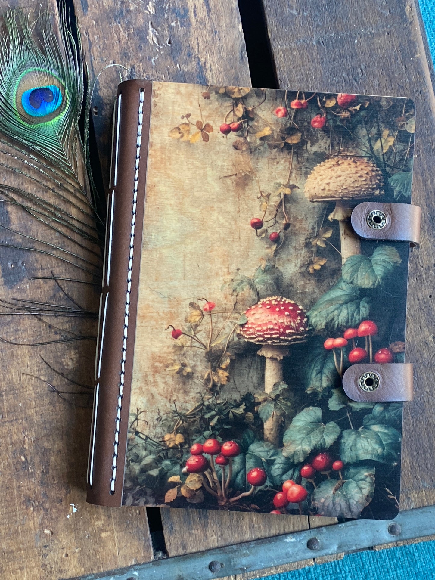 Wooden Notebook, Mushroom Journal, Leather Journal, Sketchbook, Enchanted Forest, Gift for Her, Whimsical Art, Nature Notebook, Fantasy