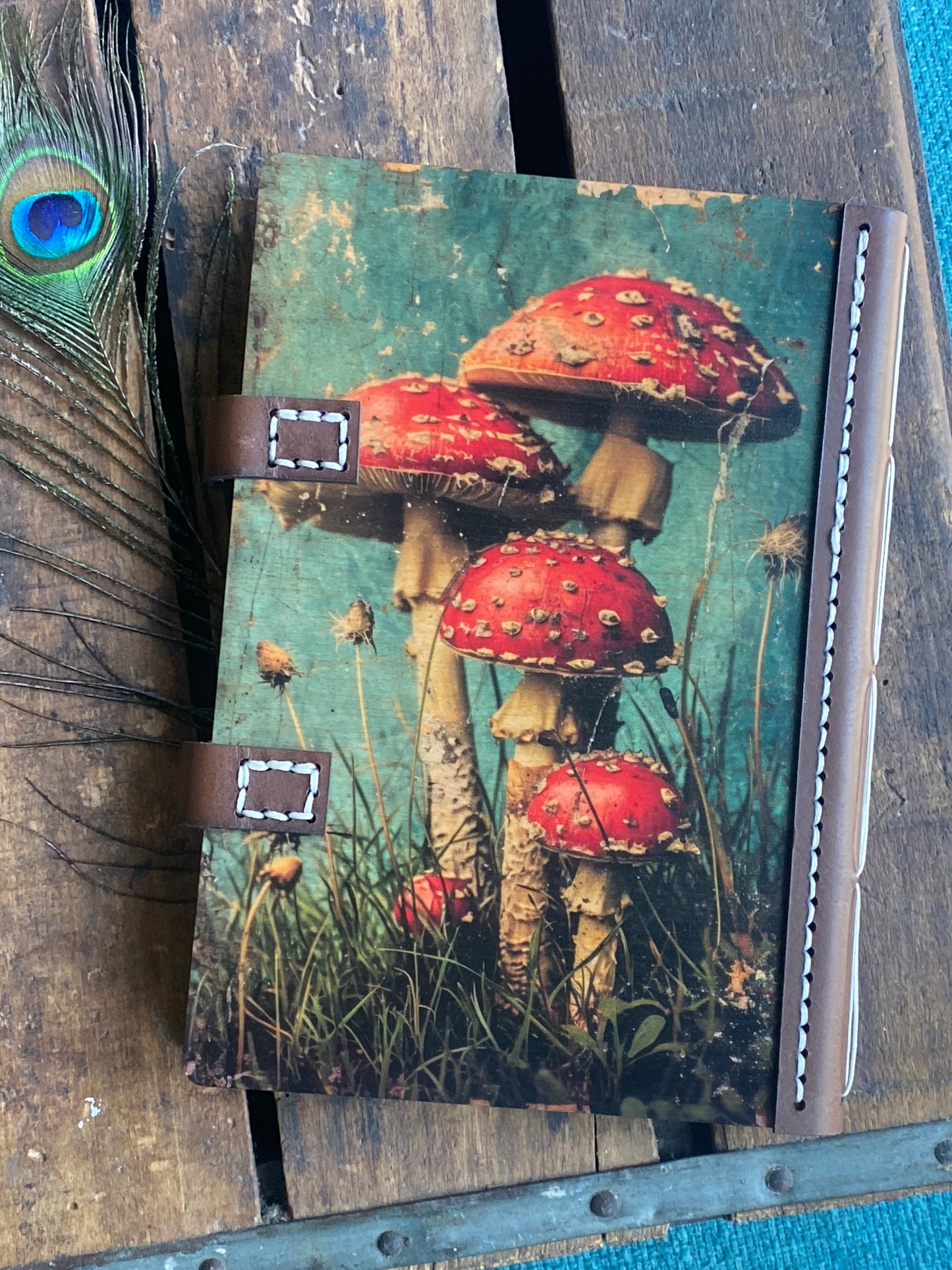 Wooden Notebook, Mushroom Journal, Leather Journal, Sketchbook, Enchanted Forest, Gift for Her, Whimsical Art, Nature Notebook, Fantasy