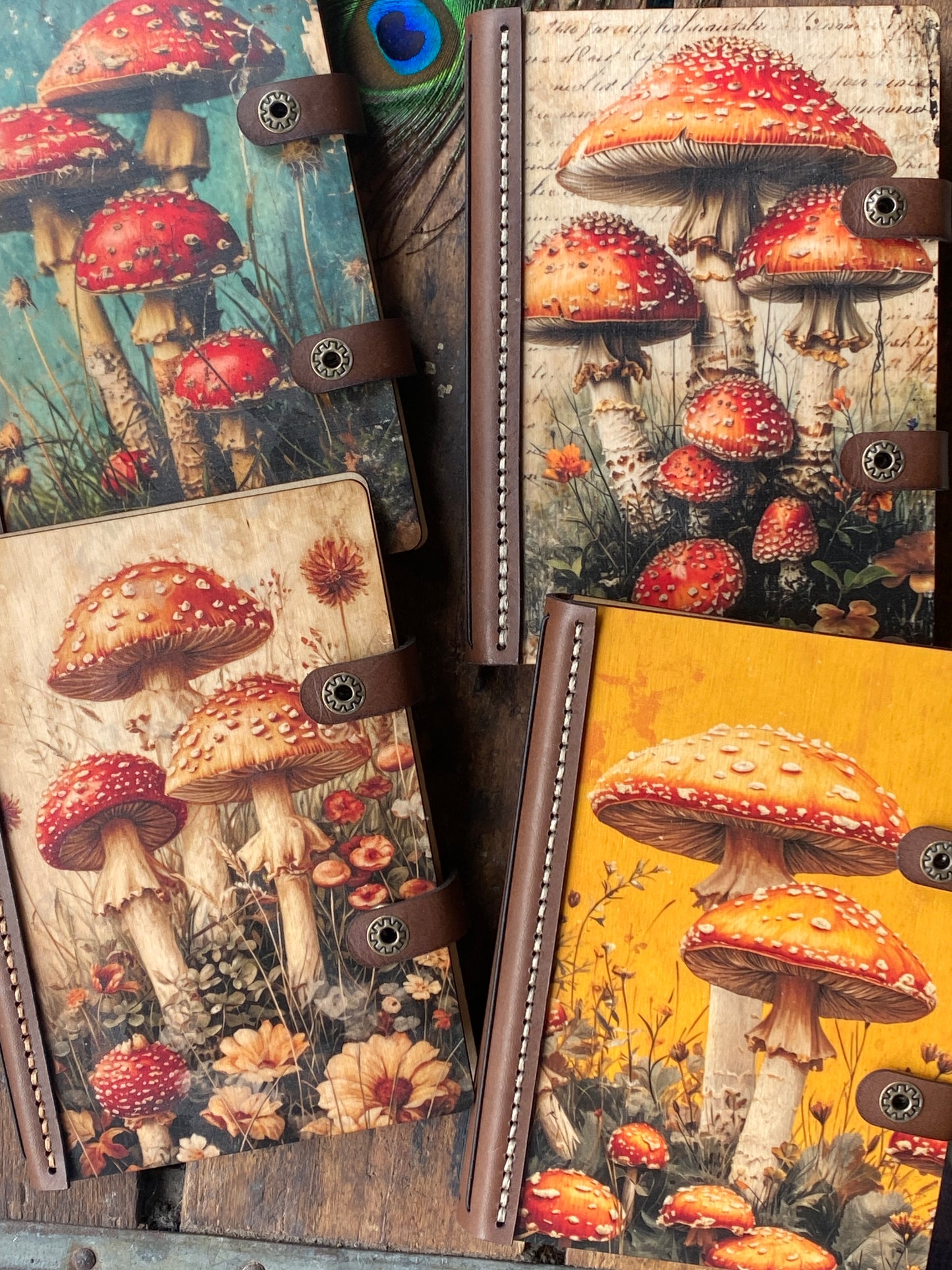 Wooden Notebook, Mushroom Journal, Leather Journal, Sketchbook, Enchanted Forest, Gift for Her, Whimsical Art, Nature Notebook, Fantasy