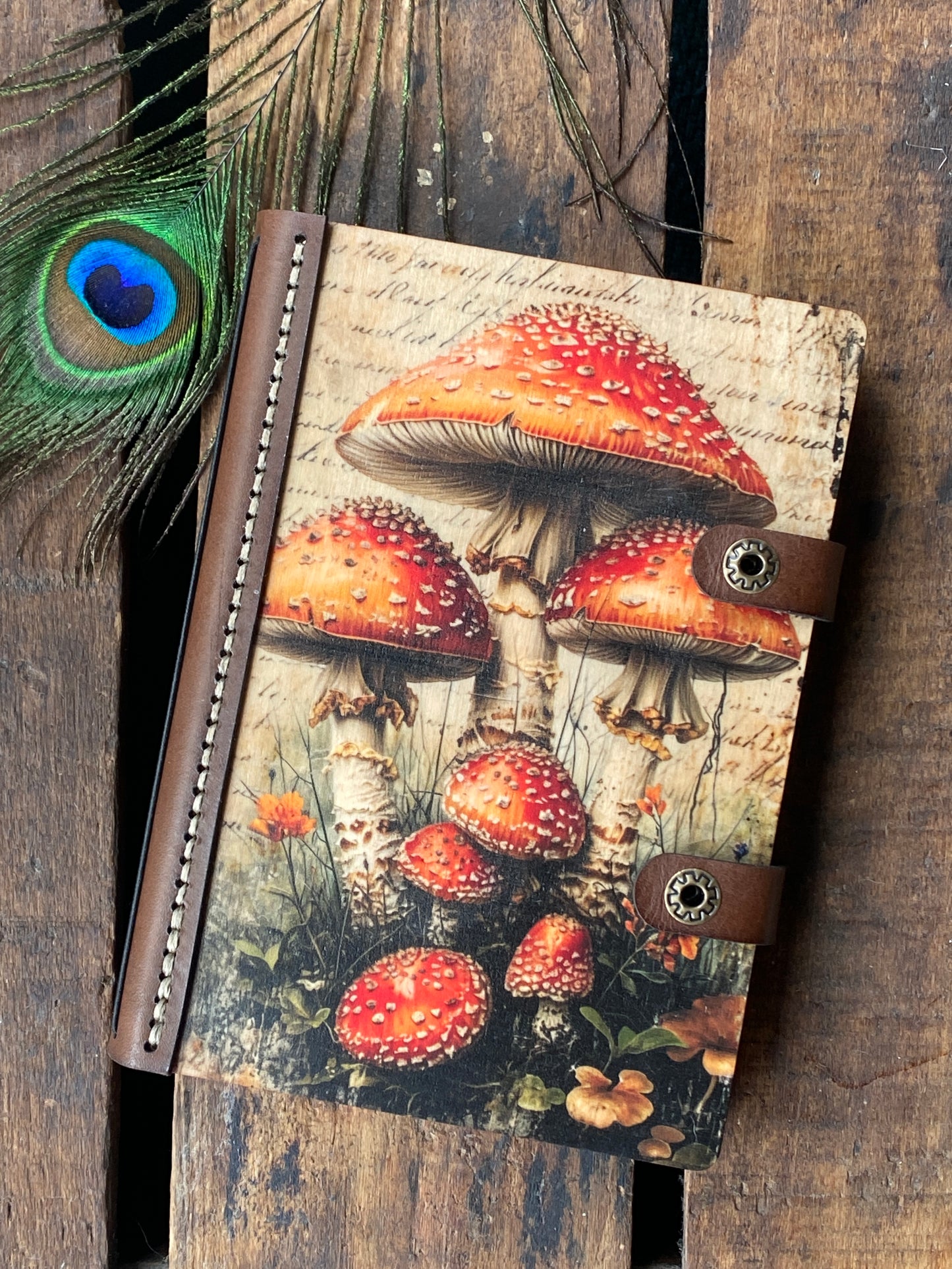 Wooden Notebook, Mushroom Journal, Leather Journal, Sketchbook, Enchanted Forest, Gift for Her, Whimsical Art, Nature Notebook, Fantasy