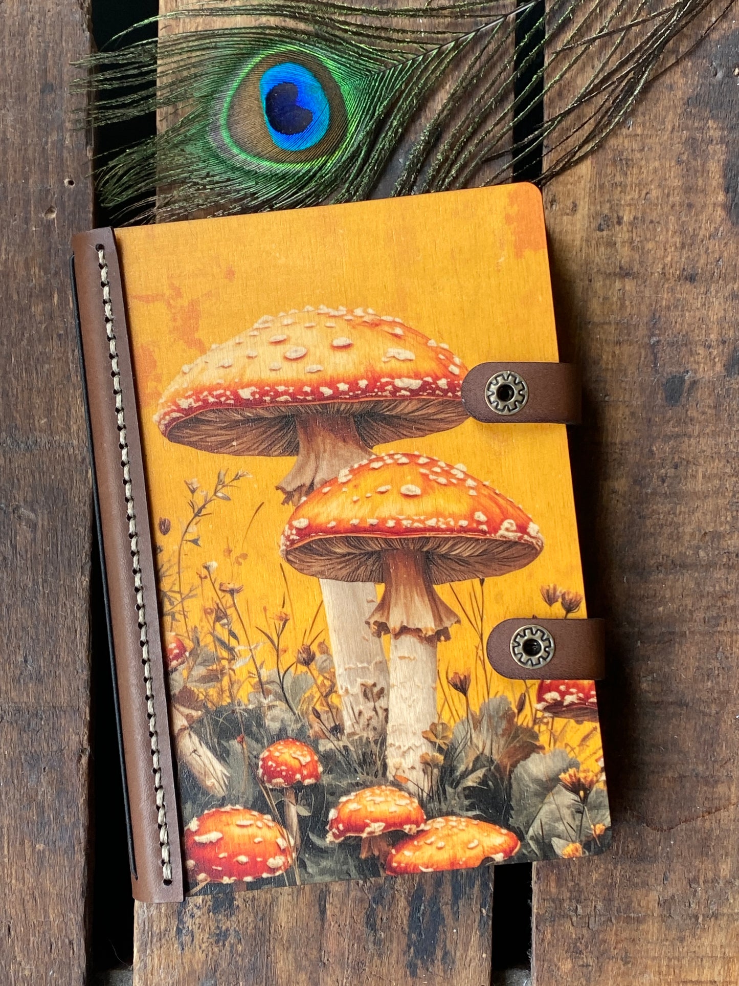 Wooden Notebook, Mushroom Journal, Leather Journal, Sketchbook, Enchanted Forest, Gift for Her, Whimsical Art, Nature Notebook, Fantasy