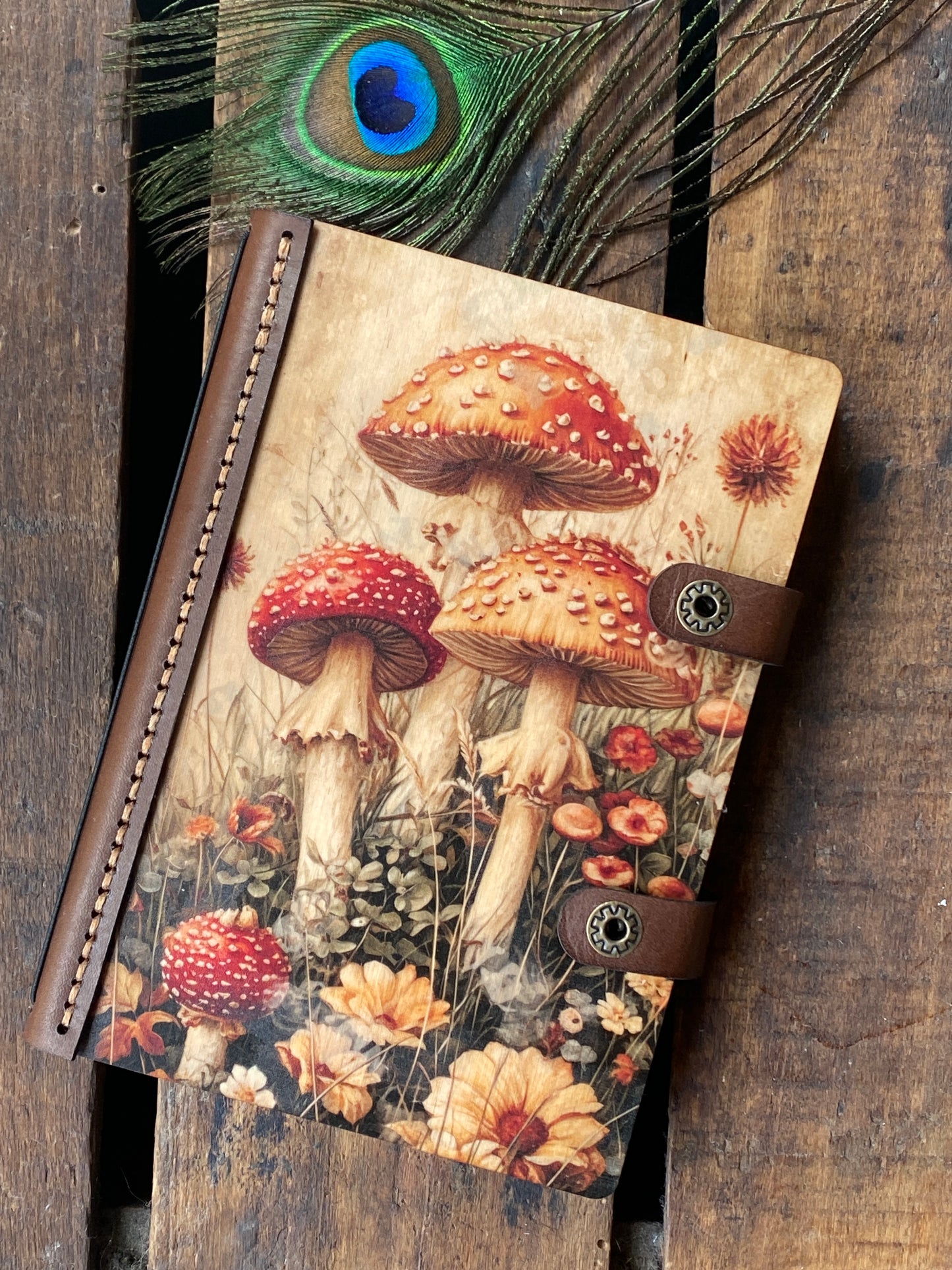 Wooden Notebook, Mushroom Journal, Leather Journal, Sketchbook, Enchanted Forest, Gift for Her, Whimsical Art, Nature Notebook, Fantasy