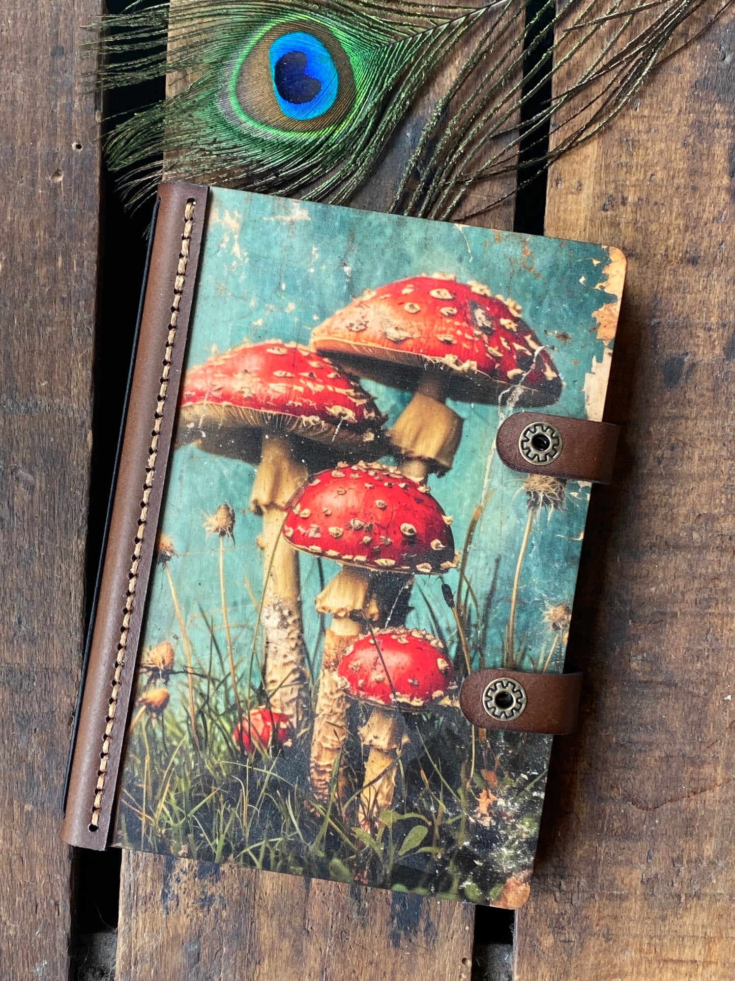 Wooden Notebook, Mushroom Journal, Leather Journal, Sketchbook, Enchanted Forest, Gift for Her, Whimsical Art, Nature Notebook, Fantasy