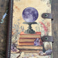 Vintage Witchy Moon Journal - Refillable Leather Notebook, Stack of Books & Crystals Design, Crescent Moon Charm, Gift for Tarot Readers
