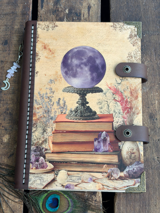Vintage Witchy Moon Journal - Refillable Leather Notebook, Stack of Books & Crystals Design, Crescent Moon Charm, Gift for Tarot Readers