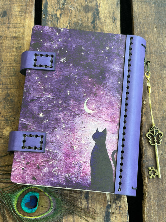 Small Pocket Moon Journal - Refillable Travel Wood Notebook, Celestial Purple Moon & Crystals, Pocket Tarot Log
