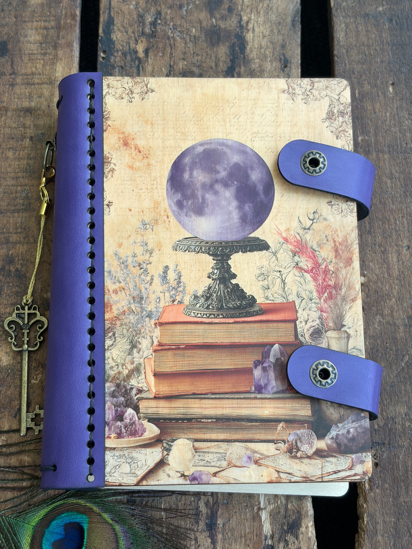 Small Pocket Moon Journal - Refillable Travel Wood Notebook, Celestial Purple Moon & Crystals, Pocket Tarot Log