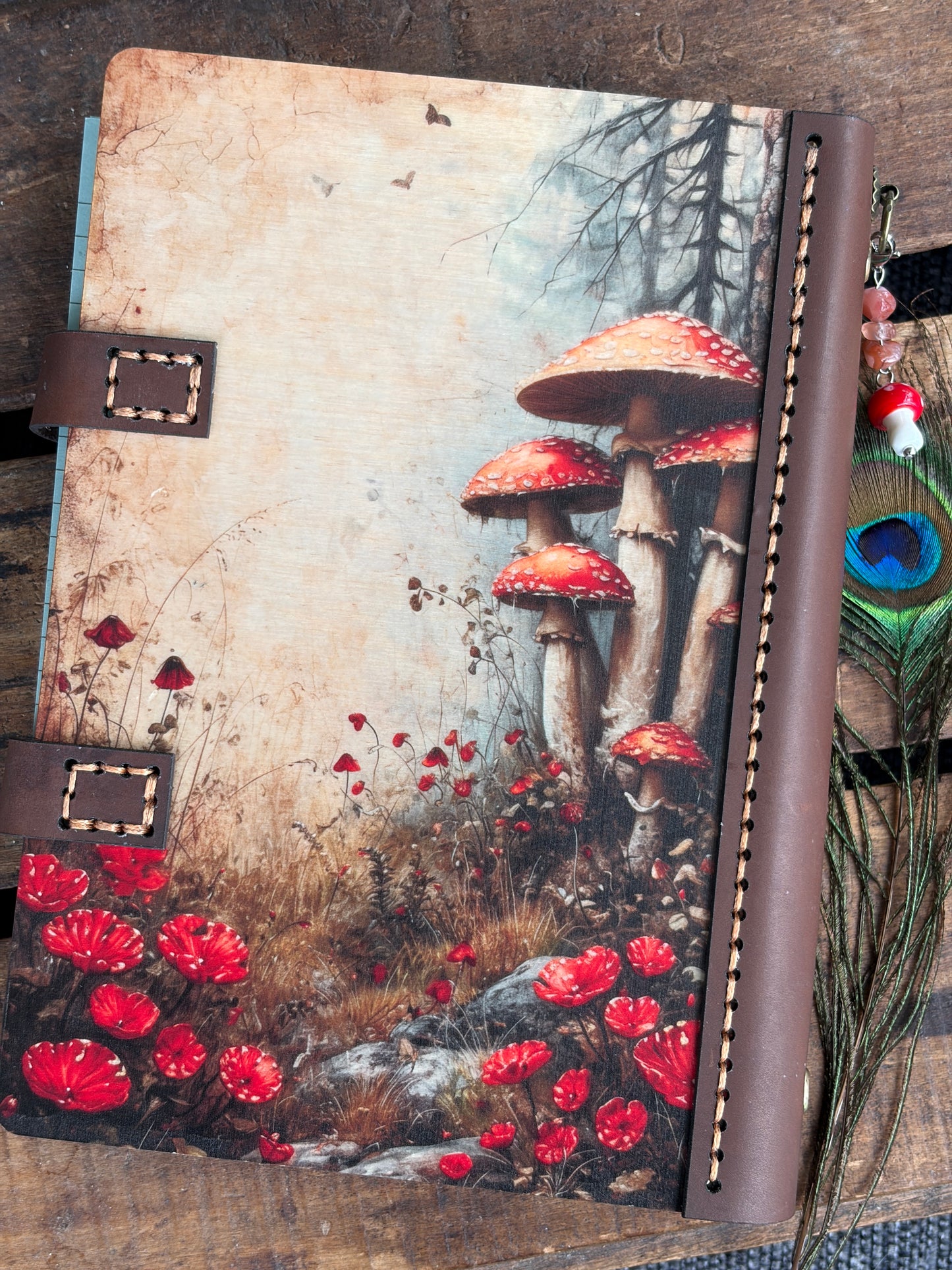Handmade 6-Ring Mushroom Themed Wood & Leather Journal – Refillable Planner or Notebook – Artisan Stationery (Copy)