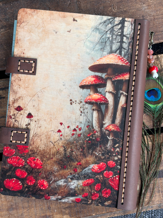 Handmade 6-Ring Mushroom Themed Wood & Leather Journal – Refillable Planner or Notebook – Artisan Stationery (Copy)