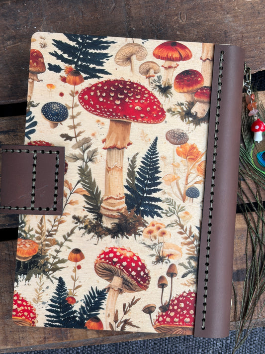 Handmade 6-Ring Mushroom Themed Wood & Leather Journal – Refillable Planner or Notebook – Artisan Stationery
