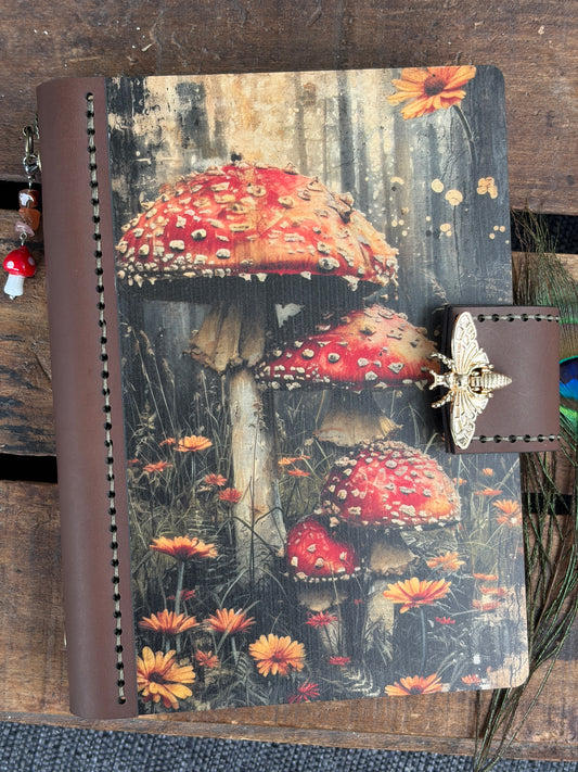 Handmade 6-Ring Mushroom Themed Wood & Leather Journal – Refillable Planner or Notebook – Artisan Stationery
