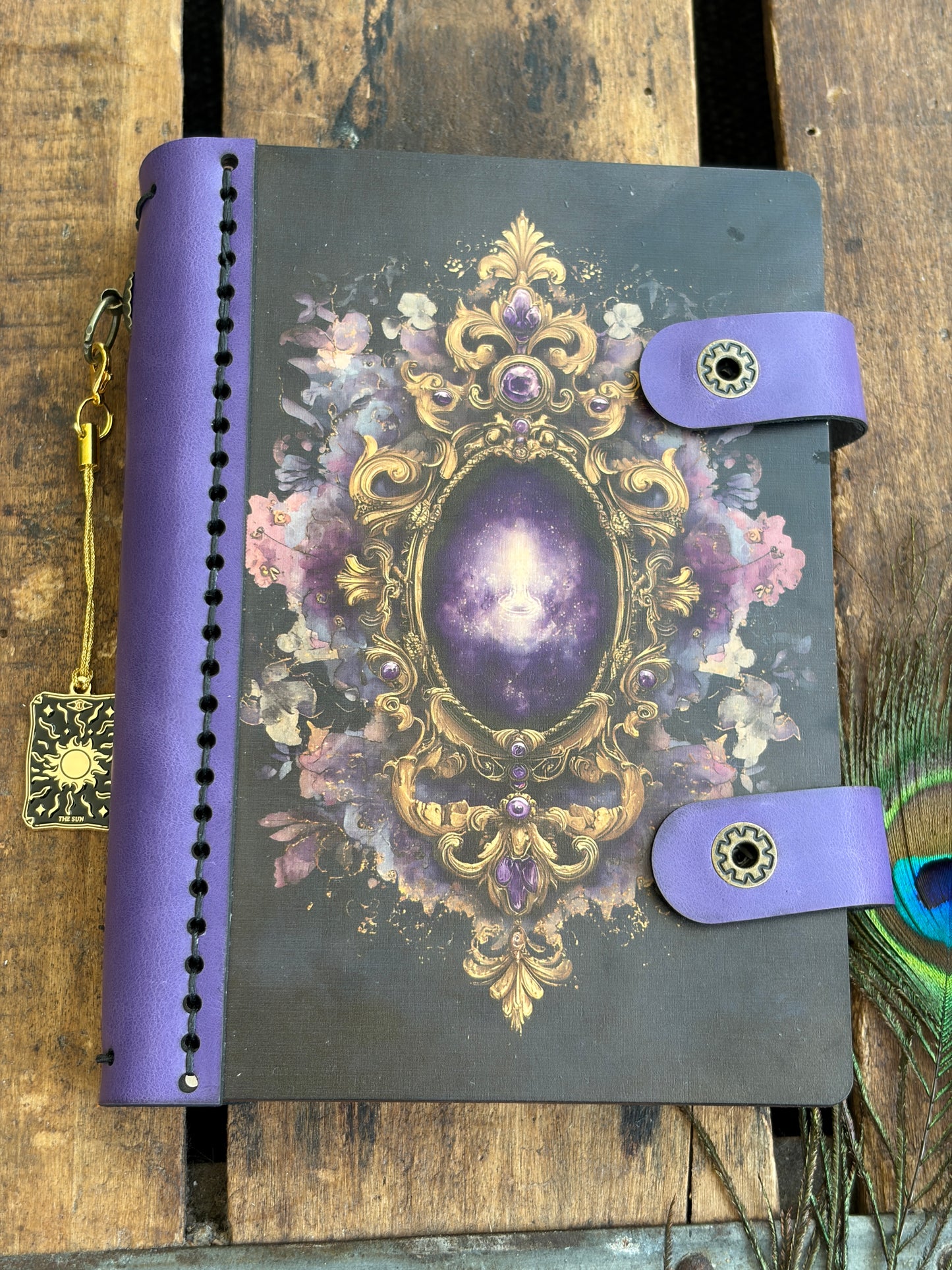 Small Pocket Mystical Mirror Journal - Refillable Travel Wood Notebook, Pocket Tarot Log