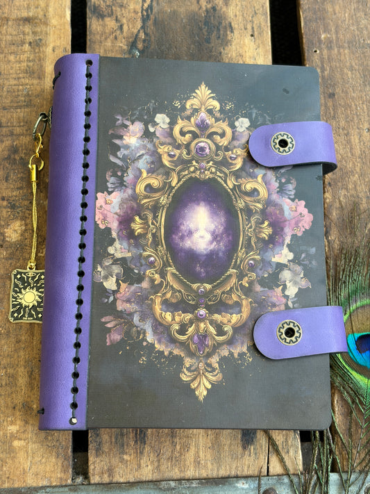 Small Pocket Mystical Mirror Journal - Refillable Travel Wood Notebook, Pocket Tarot Log