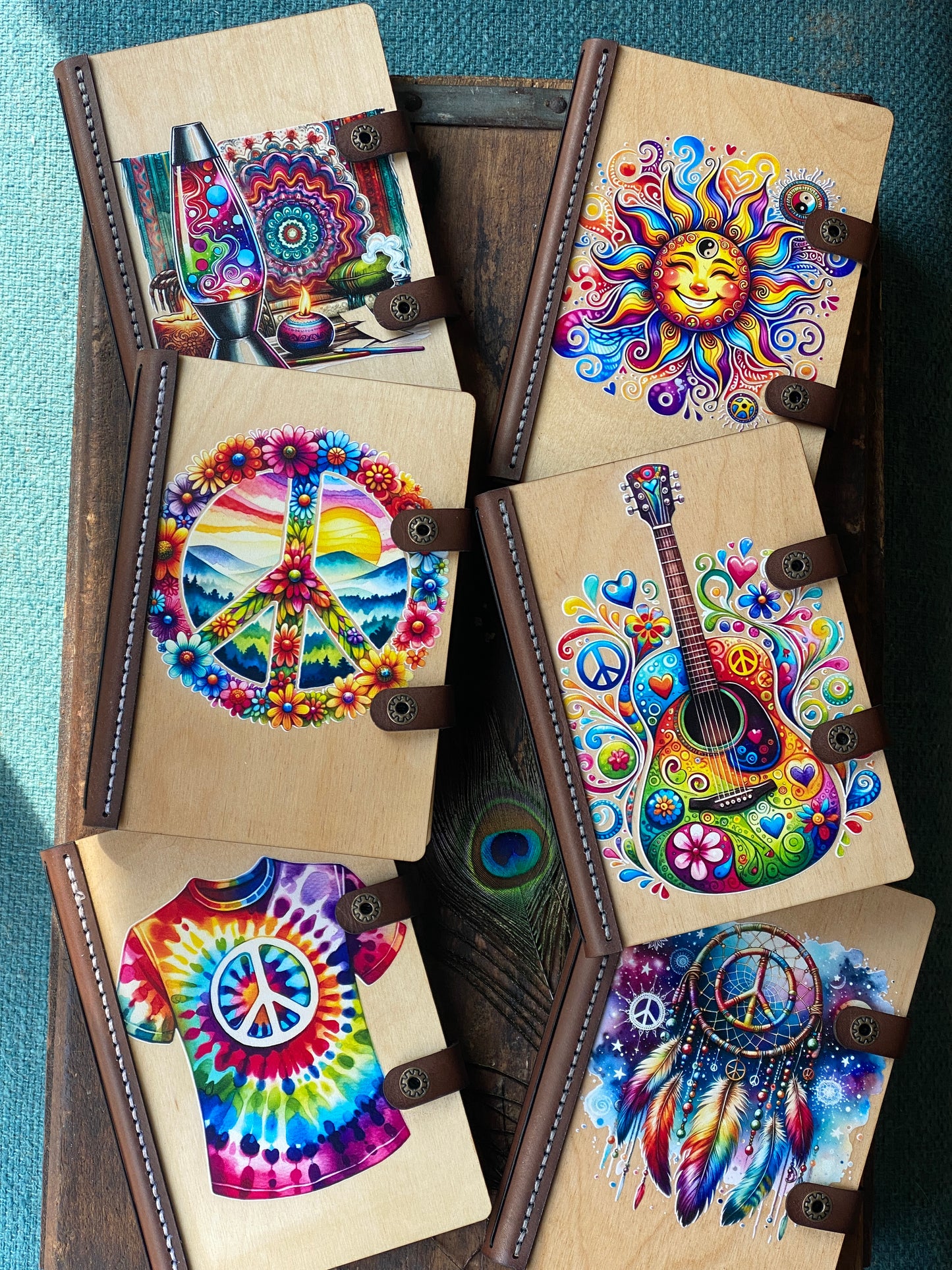 Journal and Notebook, Wooden Journal, Hippie Gifts, Peace and Love, Groovy Gift for Friend, Colorful Wood and Leather Journal, Stay Trippy