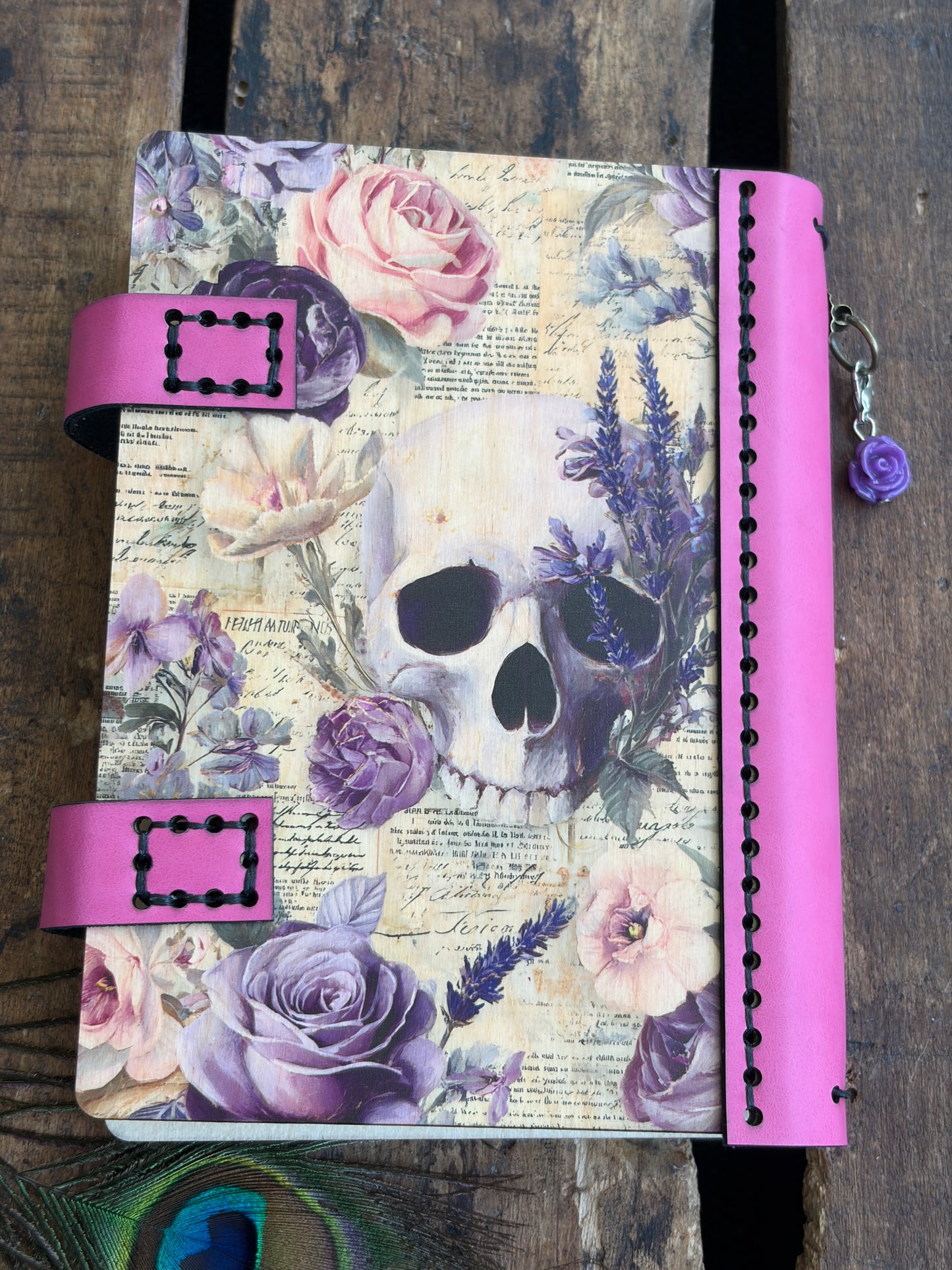 Small Pocket Crystal Ball Journal - Refillable Travel Wood Notebook, Moody Pink Roses & Glowing Candles, Divination Log