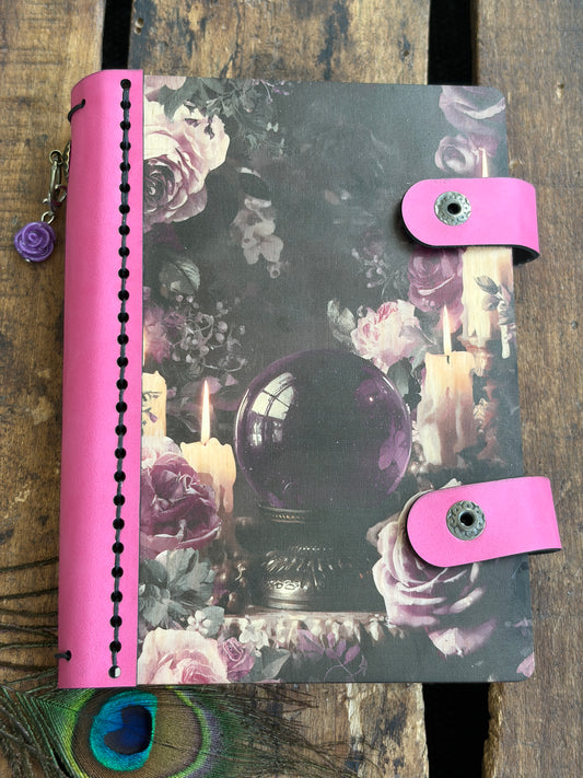 Small Pocket Crystal Ball Journal - Refillable Travel Wood Notebook, Moody Pink Roses & Glowing Candles, Divination Log