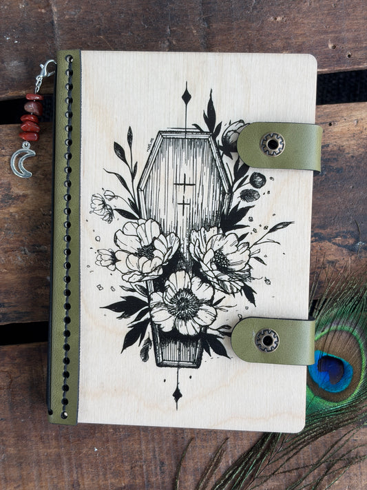 Handmade Wood and Leather Travel Journal – Casket & Bloom – Small Refillable Grimoire with Moon Charm