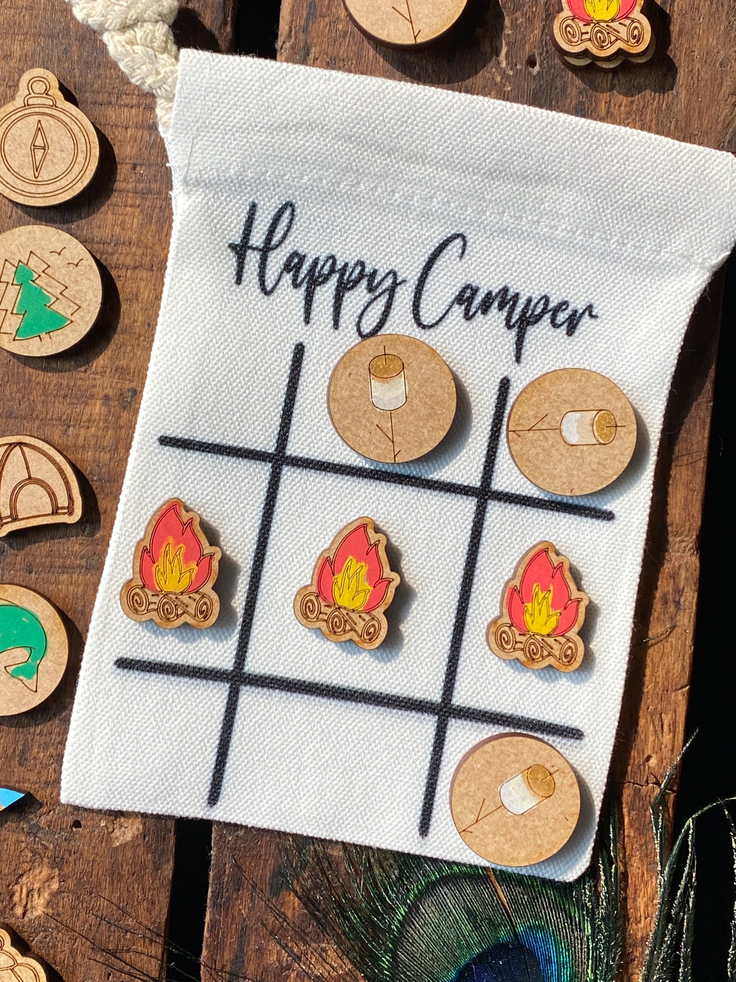 Happy Camper, Travel Tic Tac Toe, Campfire Games, Camp Themed Classroom, Drawstring Bag with Name, Travel Games, Party Favors, Old School