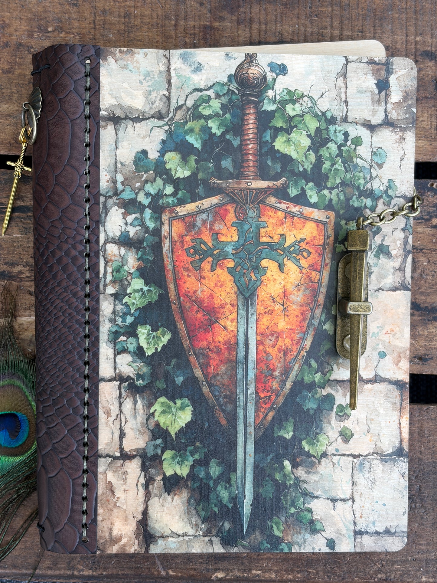 Medieval Sword Refillable Journal - Wood and Leather Fantasy Notebook, RPG DND Campaign Book