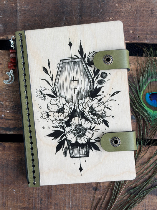Handmade Wood and Leather Travel Journal – Casket & Bloom – Small Refillable Grimoire with Moon Charm