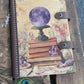 Vintage Witchy Moon Journal - Refillable Leather Notebook, Stack of Books & Crystals Design, Crescent Moon Charm, Gift for Tarot Readers
