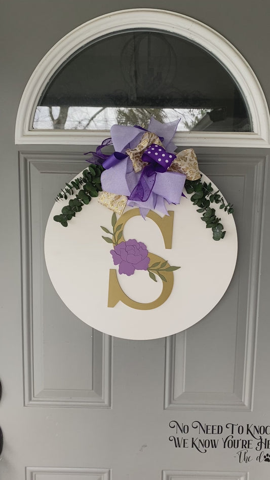 Custom Door Hanger with Family Initial, Wooden Floral Accent, Matching Bow and Eucalyptus Greenery Makes Great Housewarming or Holiday Gift