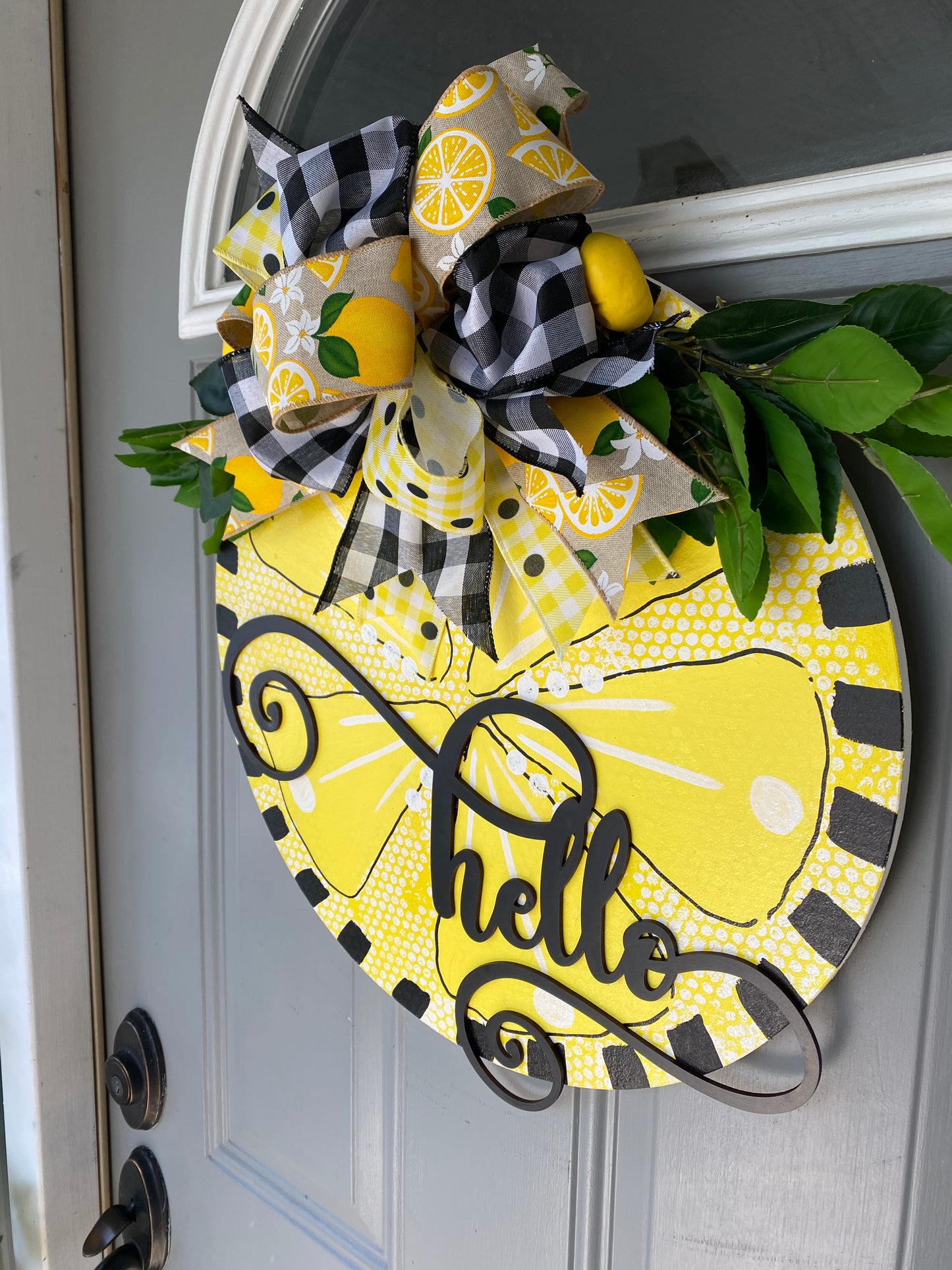 Bright Yellow Lemon Hello Door Sign to Cheer up your Front Porch, Front Door, Lemon Welcome Door Hanger, Black, White and Yellow