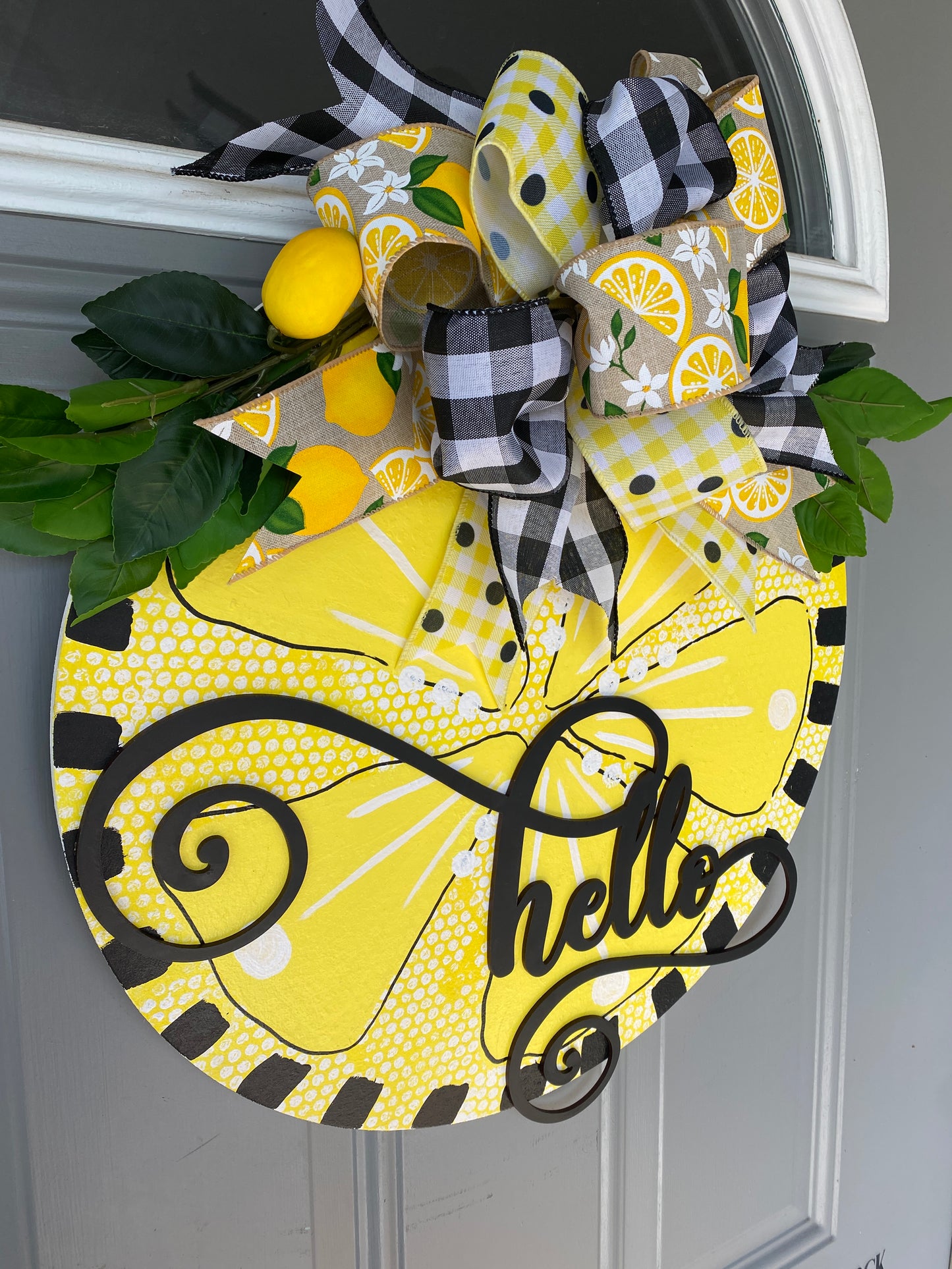 Bright Yellow Lemon Hello Door Sign to Cheer up your Front Porch, Front Door, Lemon Welcome Door Hanger, Black, White and Yellow