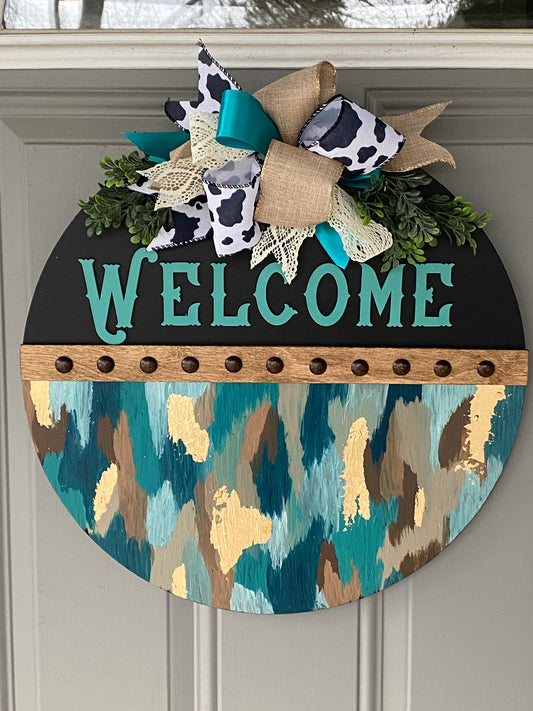 Western Turquoise Inspired 18 inch Wood Round Welcome Sign