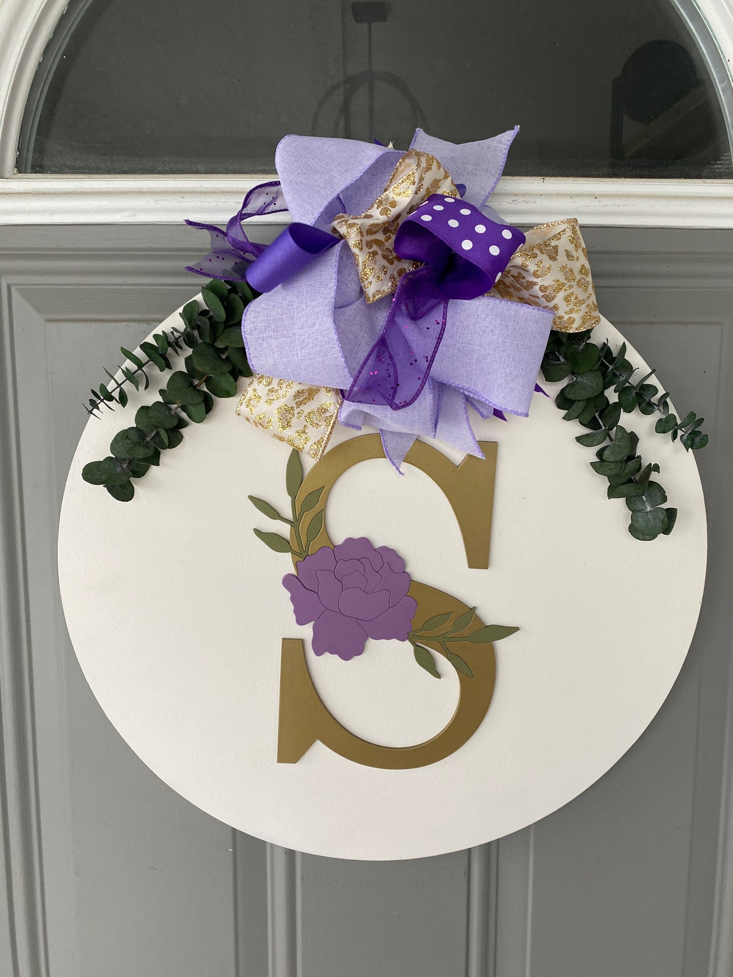 Custom Door Hanger with Family Initial, Wooden Floral Accent, Matching Bow and Eucalyptus Greenery Makes Great Housewarming or Holiday Gift