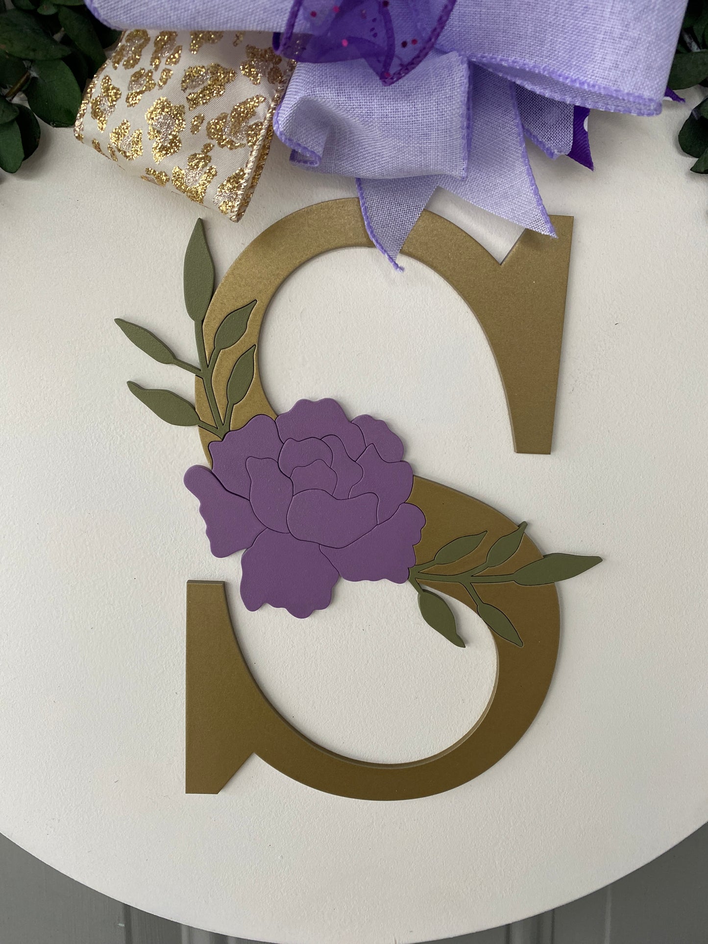 Custom Door Hanger with Family Initial, Wooden Floral Accent, Matching Bow and Eucalyptus Greenery Makes Great Housewarming or Holiday Gift