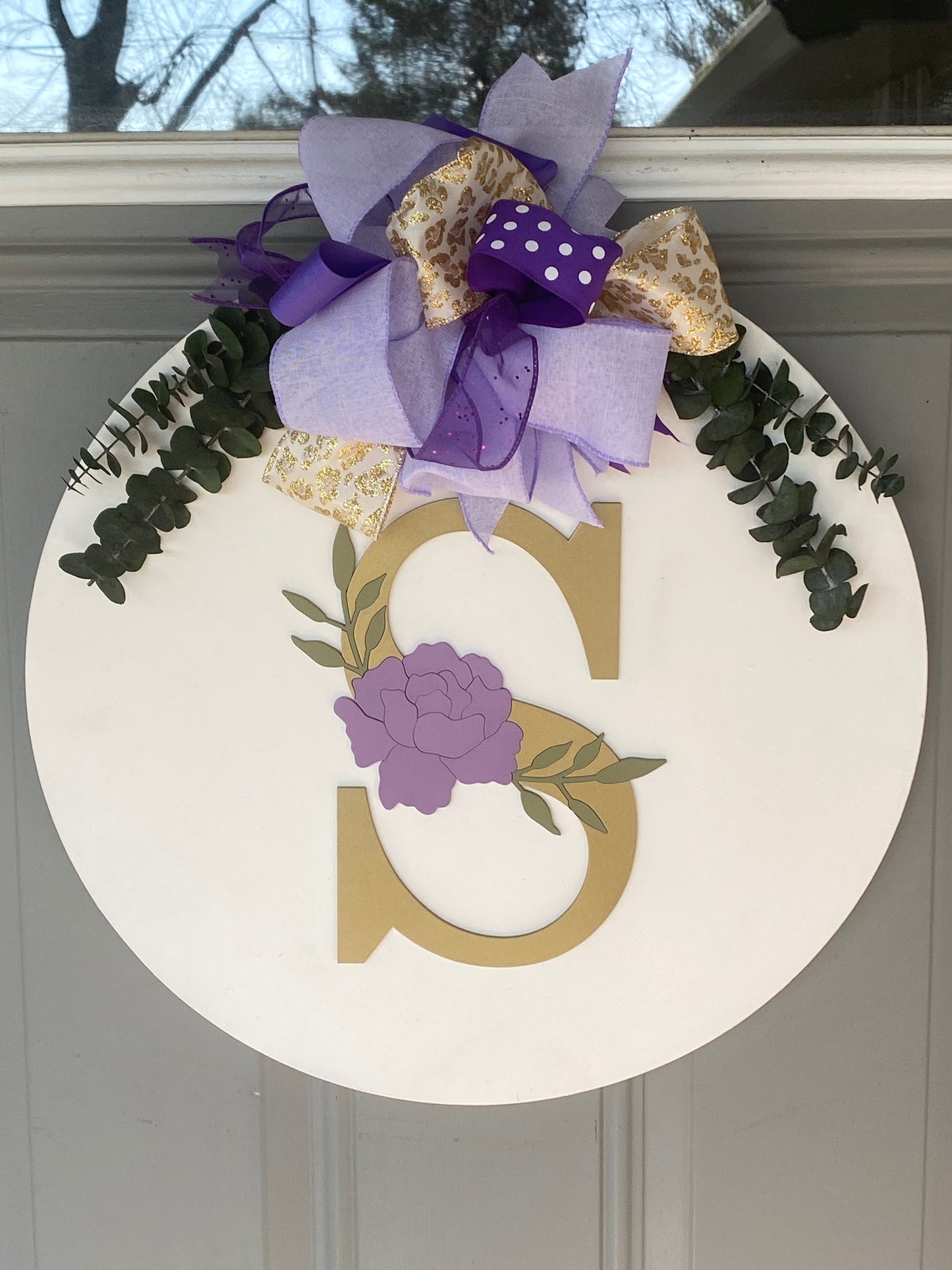 Custom Door Hanger with Family Initial, Wooden Floral Accent, Matching Bow and Eucalyptus Greenery Makes Great Housewarming or Holiday Gift