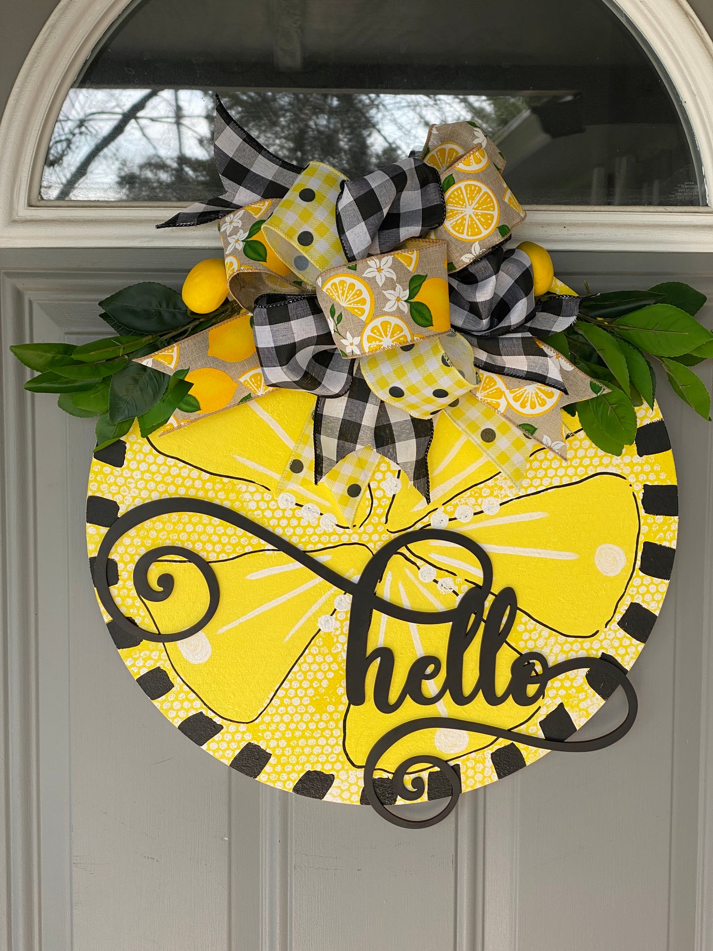 Bright Yellow Lemon Hello Door Sign to Cheer up your Front Porch, Front Door, Lemon Welcome Door Hanger, Black, White and Yellow